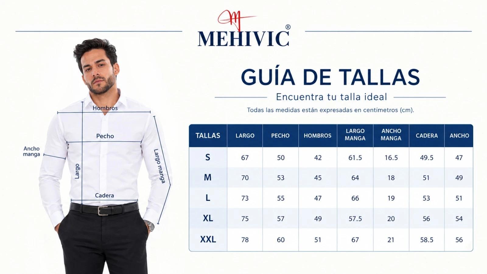 Guía de tallas MEHIVIC: largo, pecho, hombros, largo y ancho de manga, cadera y ancho en centímetros, de la talla S a la XXL